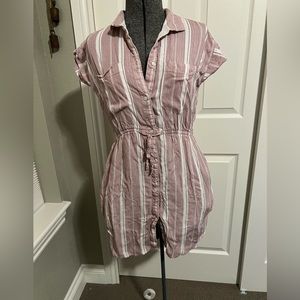 Japna Short Sleeve Collared Striped Shirt Dress Red & White withPocket